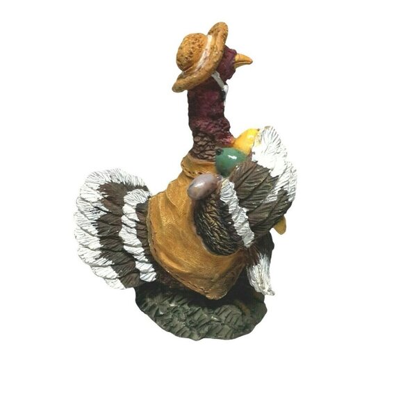 Resin Turkey Figurine with Straw Hat and Harvest Bounty Thanksgiving 4.4" - Picture 2 of 5